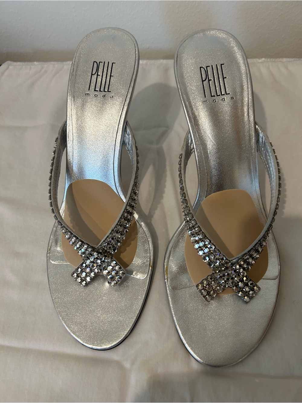 Pelle Moda Silver Crystal X-Strap Slide Mules
